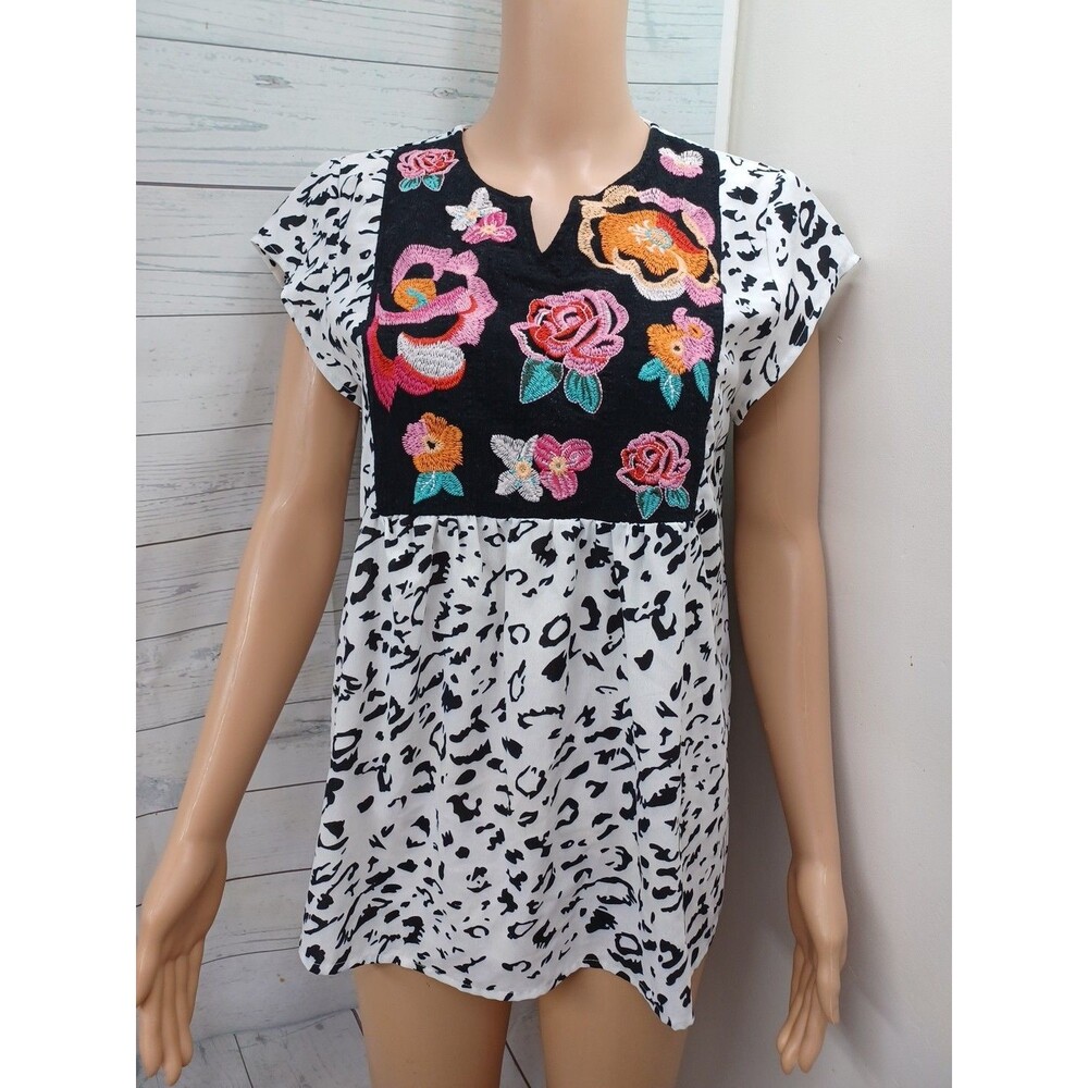 Mexican Style Top Floral Embroidered Cap Sleeve Animal Print Blouse Sz M